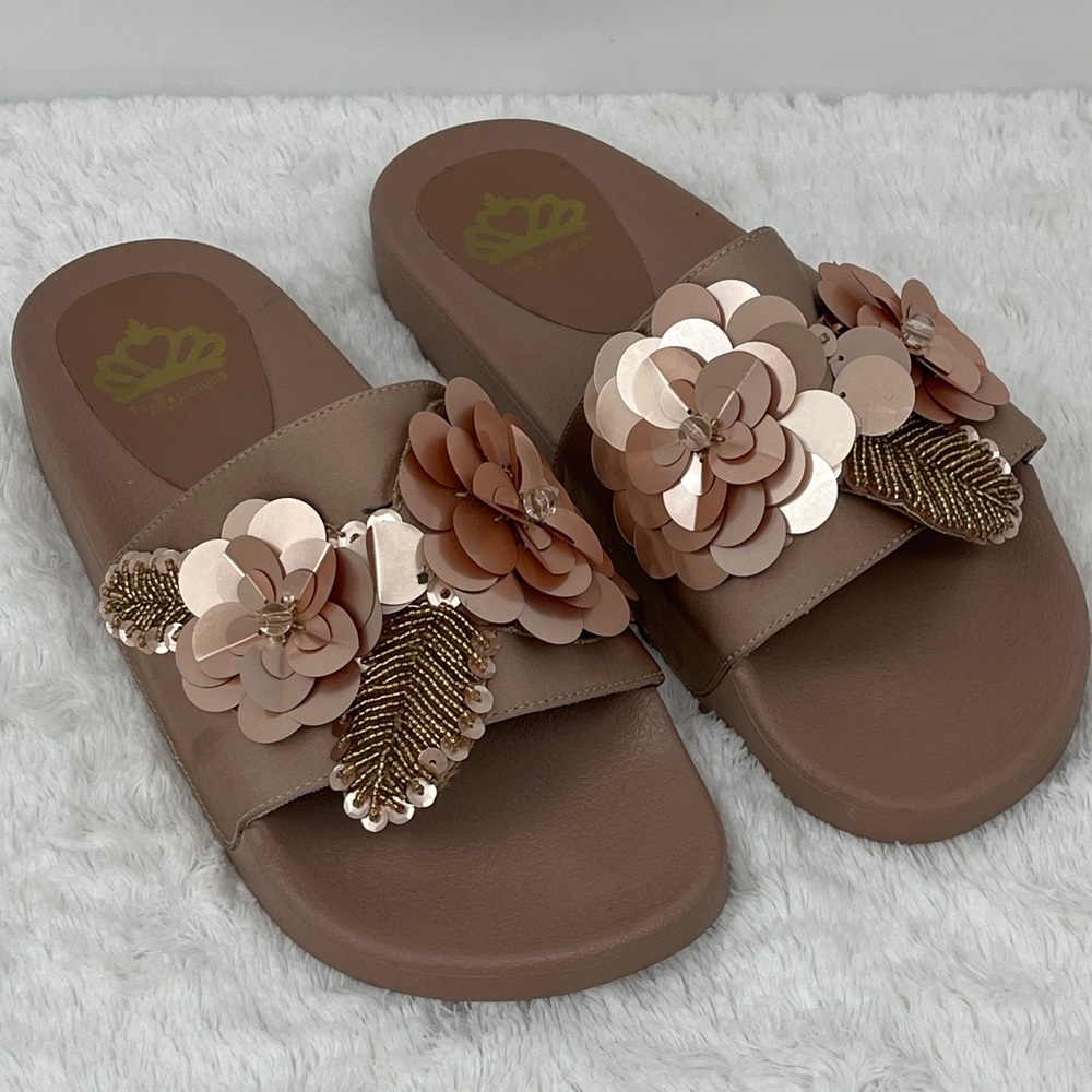 Fergalicious Floral Embellished Sandals/Slides - Tan WOMENS SIZE 10